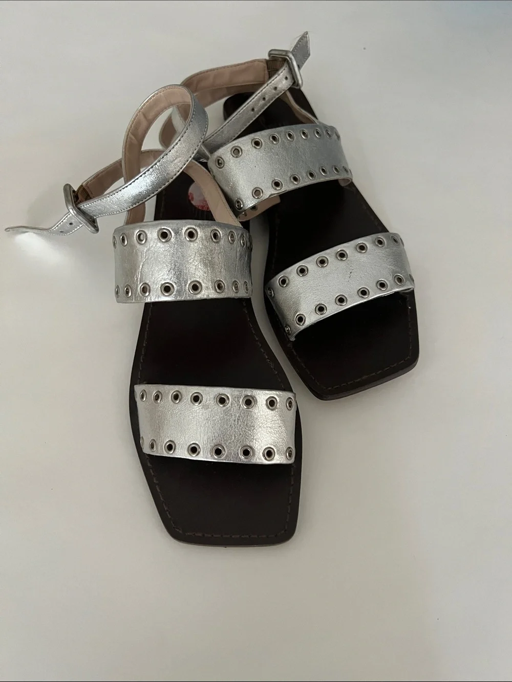 Metallic Silver Eyelet Strap Sandals for Women